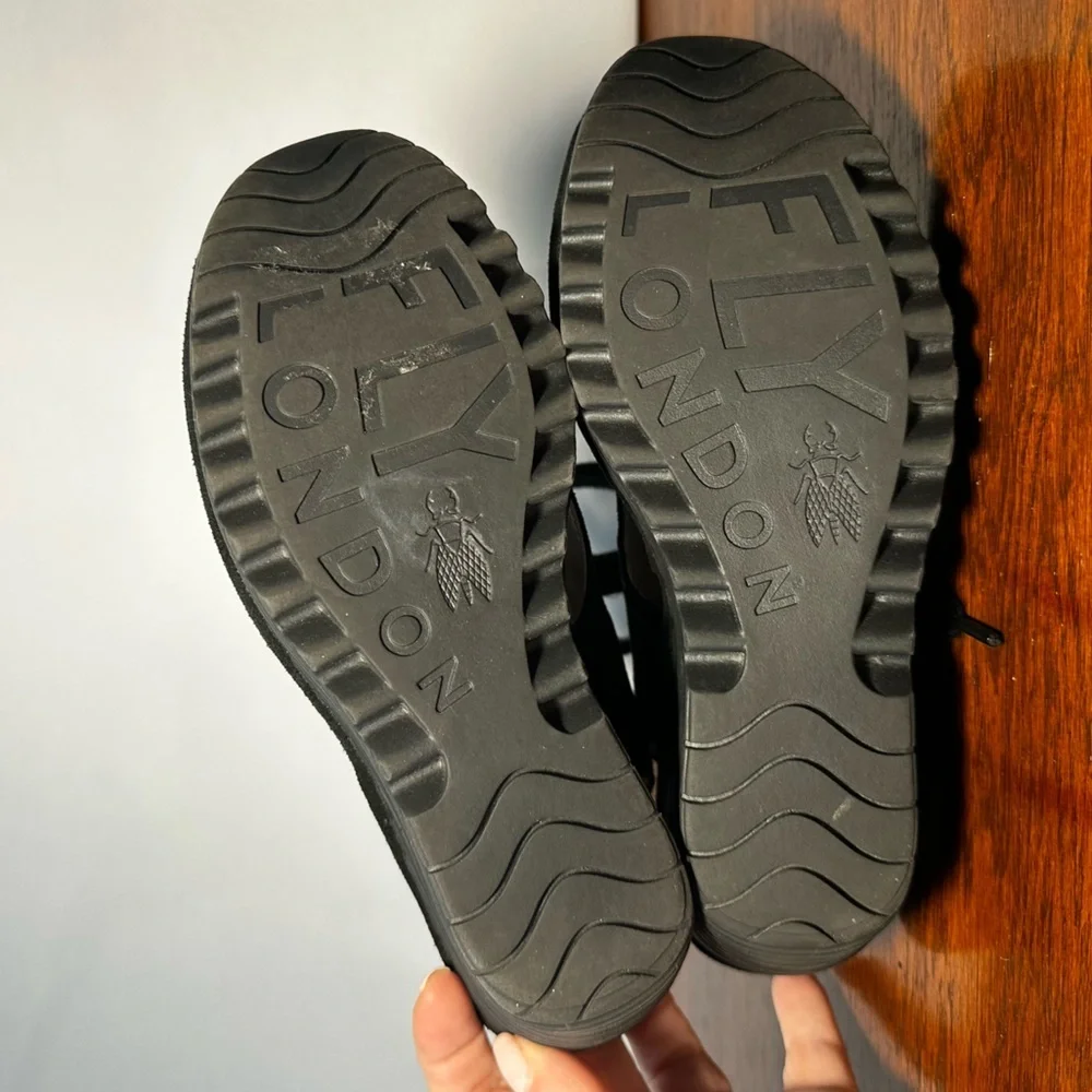 Fly London Tily Black Leather Platform Wedge Sandals Size 39